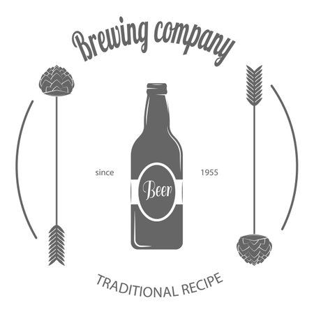 Set of two-color beer craft badges. Vector illustration. Contains arrows with hops arowhead, ribbon, bottles, mugs, barrel, hops, hand with hops.. Item 11のイラスト素材