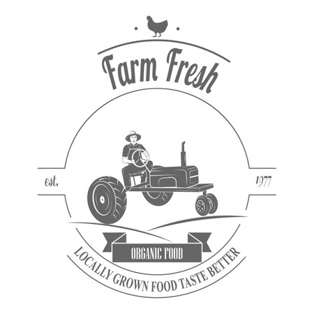 Farm Fresh Products Badge Set Vector Illustration. Contains Images of Barn, Farm Truck, Tractor, Cow, Chicken, Farmer, Eggs, Human Hands, Milk Can, Farm Constructions, Tomatoes.. Item 11のイラスト素材