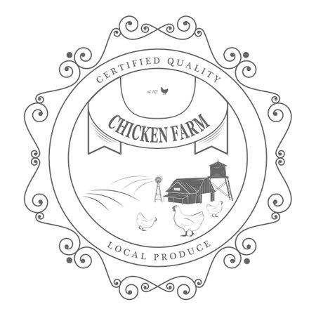 Farm Products Badges With Ornament Vector Illustration. Contains Images of Barn, Farm Truck, Cow, Chicken, Farmer, Eggs, Human Hands, Milk Can, Farm Constructions.. Item 5のイラスト素材