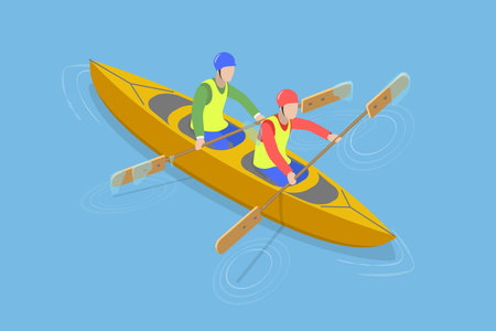 3D Isometric Flat Vector Illustration of Rafting Sport Competition, Extreme Activity at River Streamのイラスト素材