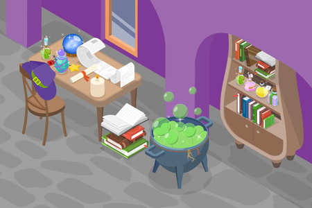 3D Isometric Flat Vector Illustration of Wizard School, Medieval Witch Interiorのイラスト素材
