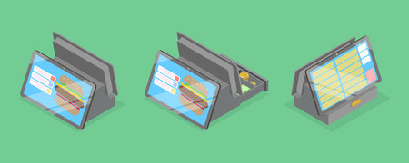 3D Isometric Flat Vector Illustration of Fast Food Checkout Terminal, Cash Register Computerのイラスト素材