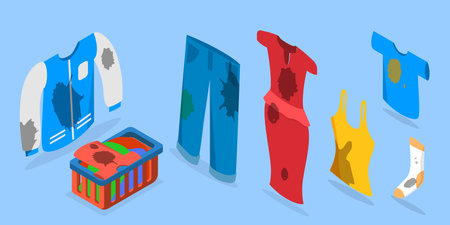 3D Isometric Flat Vector Set of Dirty Clothes, Apparel with Stainsのイラスト素材