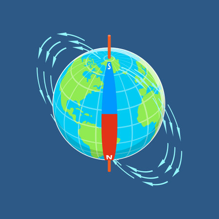 3D Isometric Flat Vector Illustration of Earths Magnetic Field, Geographical Pole of the Globeのイラスト素材
