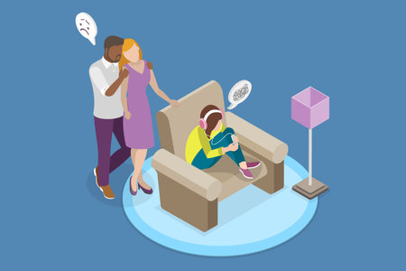 3D Isometric Flat Vector Illustration of Adolescent Mental Wellbeing, Parents Supporting Their Childのイラスト素材
