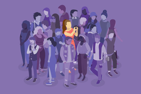 3D Isometric Flat Vector Illustration of Happy Girl In Crowd, Cheerful Young Girlのイラスト素材
