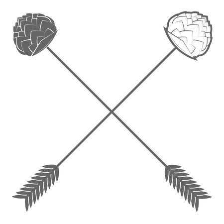 Set of two-color beer craft icons. Vector illustration. Contains arrows with hops arowhead, ribbon, bottles, mugs, barrel, hops, hand with hops.のイラスト素材