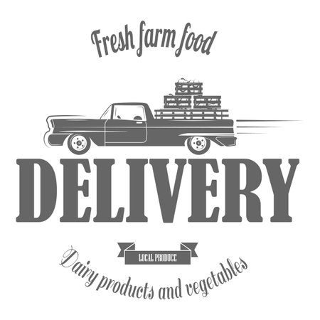 Farm Fresh Products Badge Set Vector Illustration. Contains Images of Barn, Farm Truck, Tractor, Cow, Chicken, Farmer, Eggs, Human Hands, Milk Can, Farm Constructions, Tomatoes.のイラスト素材