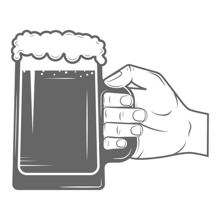 Set of two-color beer craft icons. Vector illustration. Contains arrows with hops arowhead, ribbon, bottles, mugs, barrel, hops, hand with hops.のイラスト素材