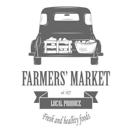 Farm Fresh Products Badge Set Vector Illustration. Contains Images of Barn, Farm Truck, Tractor, Cow, Chicken, Farmer, Eggs, Human Hands, Milk Can, Farm Constructions, Tomatoes.のイラスト素材