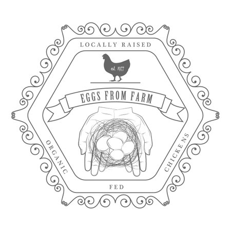 Farm Products Badges With Ornament Vector Illustration. Contains Images of Barn, Farm Truck, Cow, Chicken, Farmer, Eggs, Human Hands, Milk Can, Farm Constructions.のイラスト素材