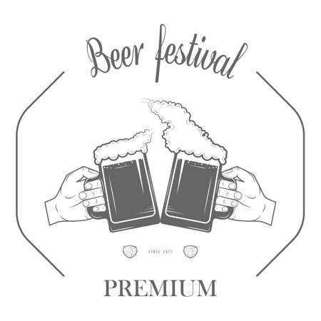 Set of two-color beer craft badges. Vector illustration. Contains arrows with hops arowhead, ribbon, bottles, mugs, barrel, hops, hand with hops.のイラスト素材