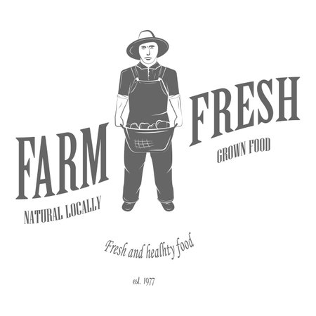 Farm Fresh Products Badge Set Vector Illustration. Contains Images of Barn, Farm Truck, Tractor, Cow, Chicken, Farmer, Eggs, Human Hands, Milk Can, Farm Constructions, Tomatoes.のイラスト素材