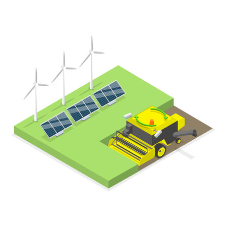 3D Isometric Flat Vector Illustration of Sustainable Lifestyle, Green Electricity, Food Production and Transportation.のイラスト素材