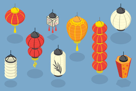 3D Isometric Flat Vector Set of Japanese Or Chinese Lanterns, Asian Holiday Elementsのイラスト素材