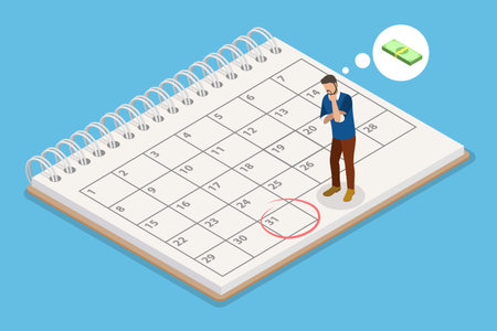 3D Isometric Flat Vector Illustration of Salary Calendar, Employee Waiting for Salary Paymentのイラスト素材
