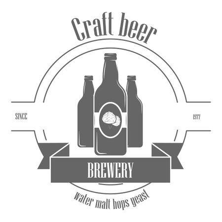 Set of two-color beer craft badges. Vector illustration. Contains arrows with hops arowhead, ribbon, bottles, mugs, barrel, hops, hand with hops.. Item 1のイラスト素材