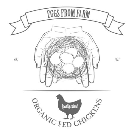 Farm Fresh Products Badge Set Vector Illustration. Contains Images of Barn, Farm Truck, Tractor, Cow, Chicken, Farmer, Eggs, Human Hands, Milk Can, Farm Constructions, Tomatoes.のイラスト素材