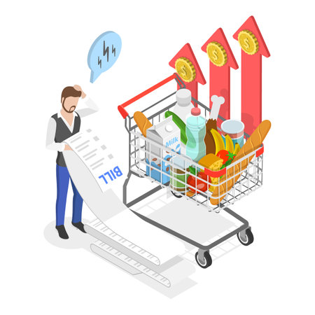 3D Isometric Flat Vector Illustration of Inflation, Price Rising, Reduction in the Purchasing Power of Money.のイラスト素材