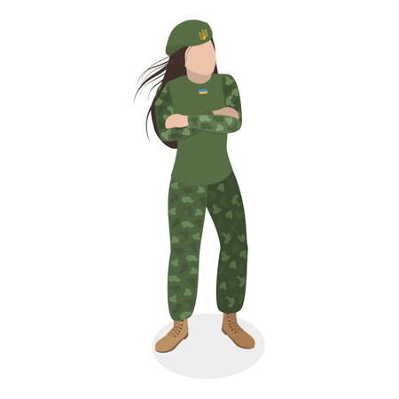 3D Isometric Flat Vector Set of Ukrainian Woman Soldiers, Fight on War for Independence.のイラスト素材