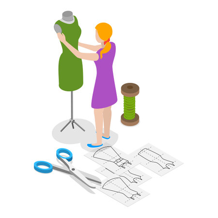 3D Isometric Flat Vector Illustration of Sewing Workshop, Fashion Designer. Item 1のイラスト素材