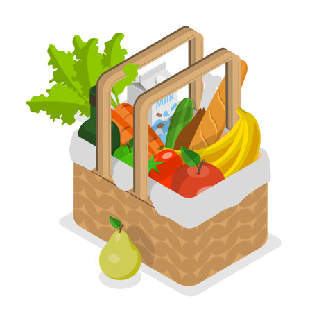3D Isometric Flat Vector Set of Picnic Baskets , Food in Wicker Crates. Item 3のイラスト素材
