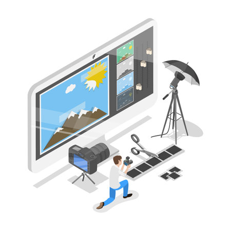 3D Isometric Flat Vector Illustration of Photographer, Creative Artistic Hobby or Occupation. Item 3のイラスト素材