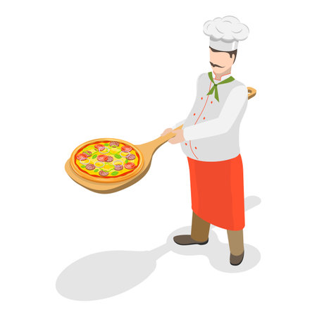 3D Isometric Flat Vector Illustration of Italian Chef, Freshly Baked Pizza. Item 1のイラスト素材