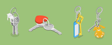 3D Isometric Flat Vector Illustration of Key Sets Collection, Keys with Accessoriesのイラスト素材