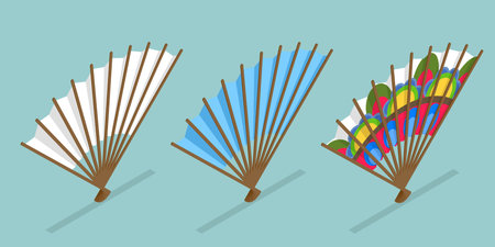 3D Isometric Flat Vector Set of Decorative Fans, Asian Traditional Folding Hand Fanのイラスト素材