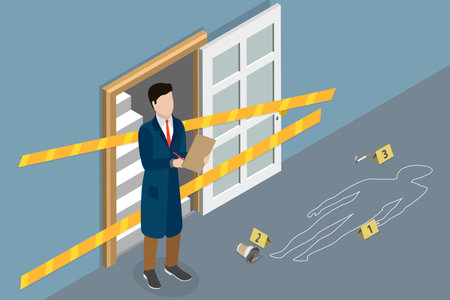 3D Isometric Flat Vector Illustration of Crime Scene, Police Inspector or Private Detective Taking Notesのイラスト素材