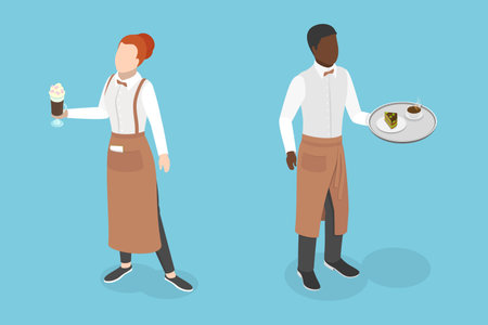 3D Isometric Flat Vector Illustration of Restaurant Waiters, Professionals Teamのイラスト素材