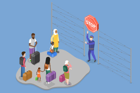 3D Isometric Flat Vector Illustration of Refugees, Asylum Seekers Communityのイラスト素材