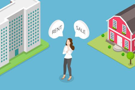 3D Isometric Flat Vector Illustration of Rent Vs Sell Property, Making Decisionのイラスト素材
