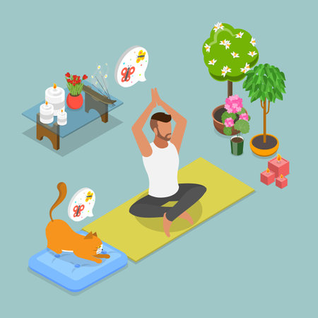 3D Isometric Flat Vector Illustration of Practicing Tranquility And Zen, Meditation Practiceのイラスト素材