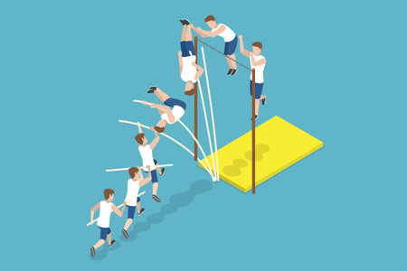 3D Isometric Flat Vector Illustration of Jumping With Pole, Athlete Doing High Jumpのイラスト素材