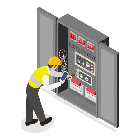 3D Isometric Flat Vector Illustration of Electrical Utility Delivery, Electricity Workers.のイラスト素材