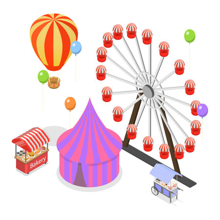 3D Isometric Flat Vector Set of Amusement Parks, Observation Wheel, Roller Coaster. Item 3のイラスト素材