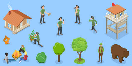 3D Isometric Flat Vector Set of Forest Guard Characters, Ranger Keepers of Park Resourcesのイラスト素材