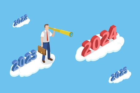3D Isometric Flat Vector Illustration of Outlook Economic Forecast, Searching for New Opportunitiesのイラスト素材