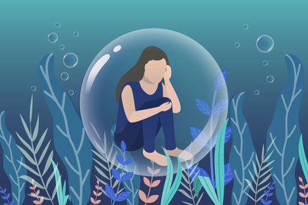 3D Isometric Flat Vector Illustration of Lonely Person In Vacuum, Lack of Confidence, Psychological Problemsのイラスト素材