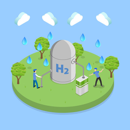 3D Isometric Flat Vector Illustration of Green Hydrogen Power Production, H2 Renewable and Environmental Resourceのイラスト素材