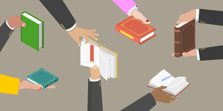 3D Isometric Flat Vector Illustration of Hands With Books, Literature Loversのイラスト素材