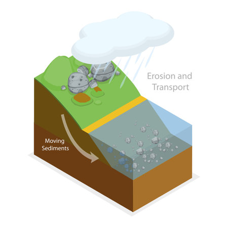 3D Isometric Flat Vector Illustration of Geological Landslide Process, Earth Gravity Impact.のイラスト素材