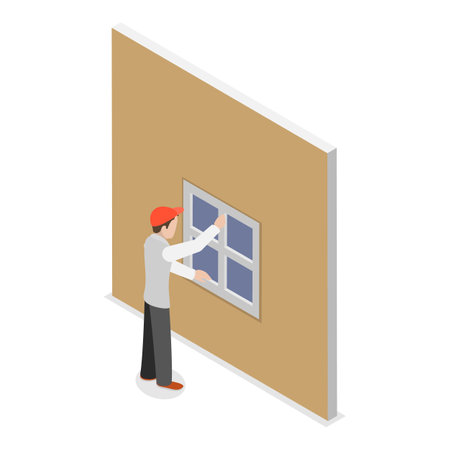 3D Isometric Flat Vector Illustration of Windows Installing, Building Construction Industry.のイラスト素材