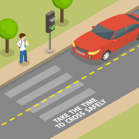 3D Isometric Flat Vector Illustration of Pedestrian Safety, Crossing a Roadのイラスト素材