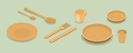 3D Isometric Flat Vector Set of Eco-Friendly Dinnerware, Sustainable Wooden Cutlery and Platesのイラスト素材