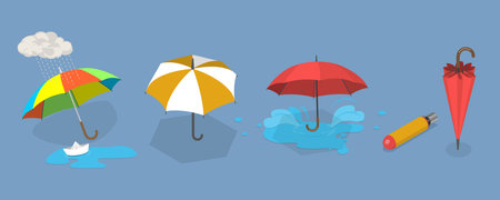 3D Isometric Flat Vector Illustration of Umbrella Collection, Rain Pprotection Parasolsのイラスト素材