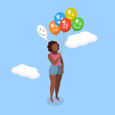 3D Isometric Flat Vector Illustration of Stressed Management, Various Emotions and Mood Changesのイラスト素材