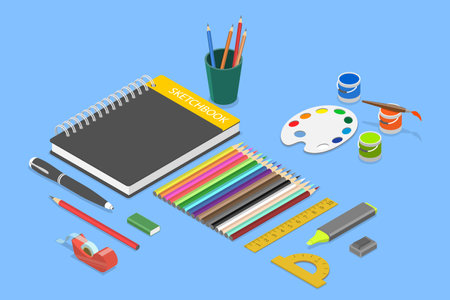 3D Isometric Flat Vector Set of Various Sketching Tools, Art Suppliesのイラスト素材